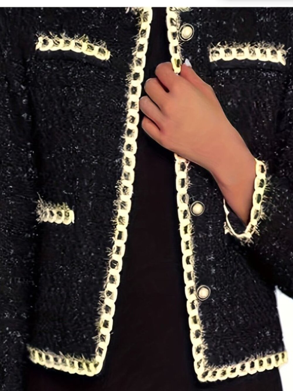 Women's Black Tweed Chain Trim Jacket Pearl Button Blazer